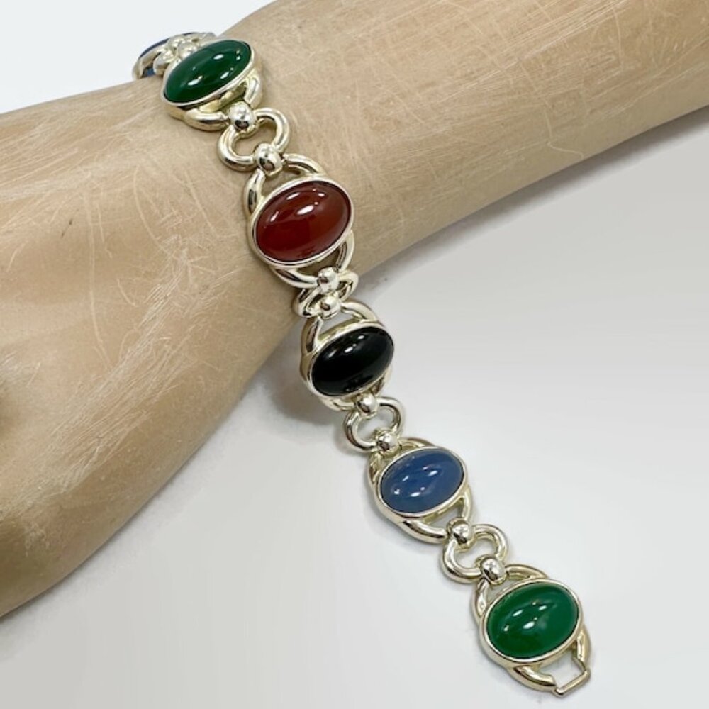 Stone Bracelet, Onyx, Calcedony, Green, Black, Sterling Bracelet, Vintage,Mixed - Picture 2 of 6